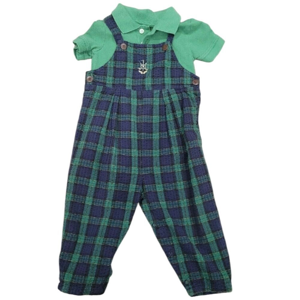 Green and blue plaid overall set